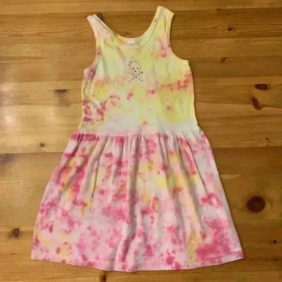 New! Tie dye Pink Yellow Summer Tank Dress skull Girls 8 Cotton - Picture 1 of 4
